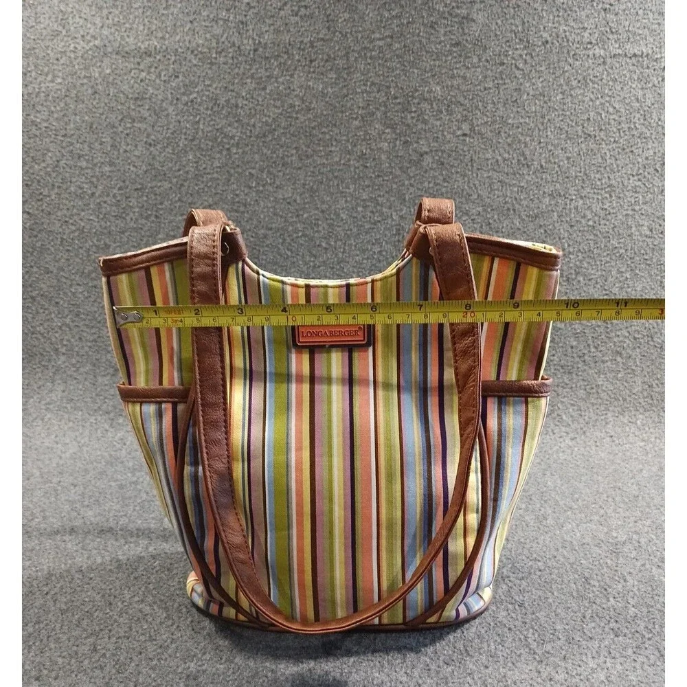 Longaberger Tote Bag Multicolor Stiped Brown Leather Handles and Bottom Pockets
